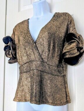 Haute Monde Metallic Gold V-Neck Peplum Top with Ruffle Sleeves